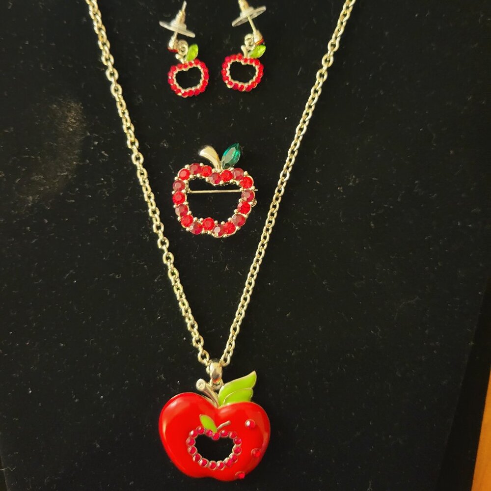 Rhinestone Apple themed jewelry set w/ necklace, 2 sets earrings, broach